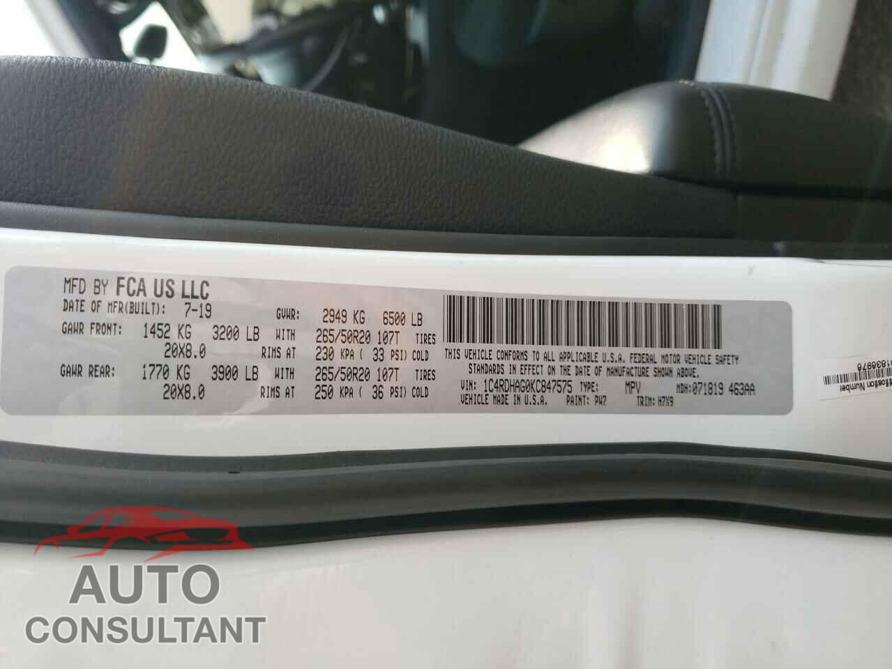 DODGE DURANGO 2019 - 1C4RDHAG0KC847575