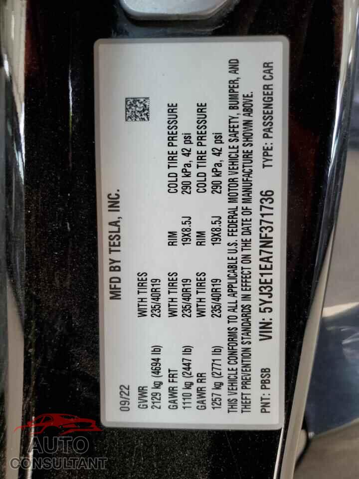 TESLA MODEL 3 2022 - 5YJ3E1EA7NF371736