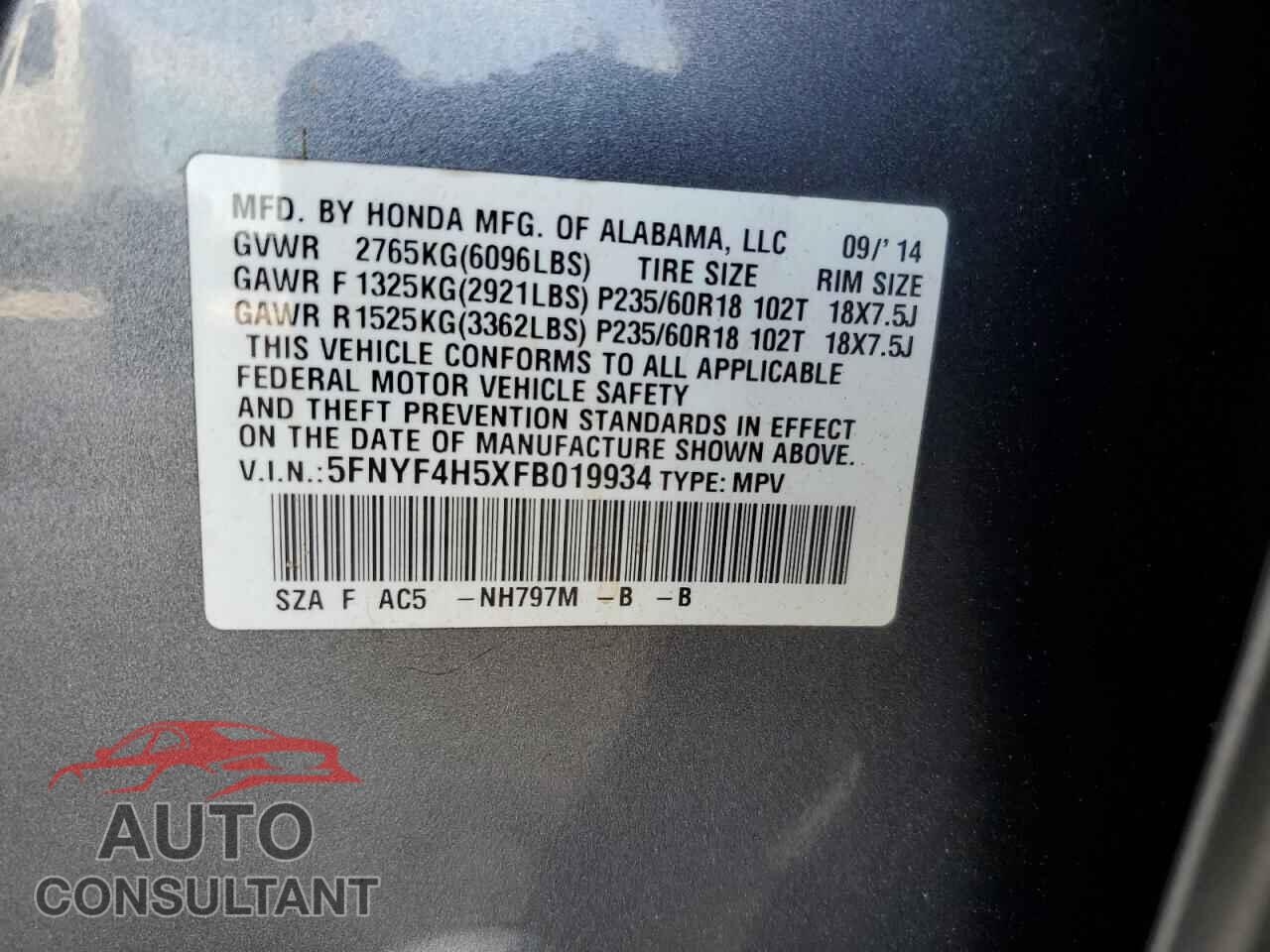 HONDA PILOT 2015 - 5FNYF4H5XFB019934