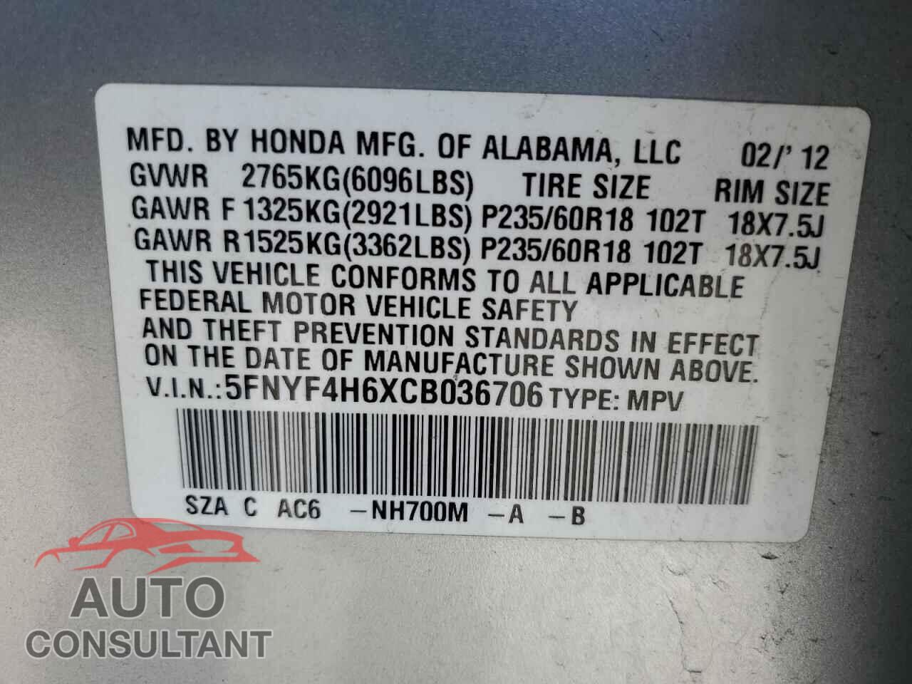 HONDA PILOT 2012 - 5FNYF4H6XCB036706