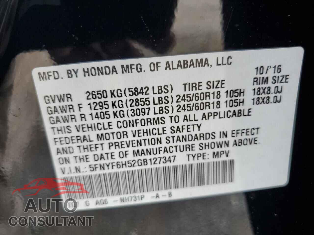 HONDA PILOT 2016 - 5FNYF6H52GB127347