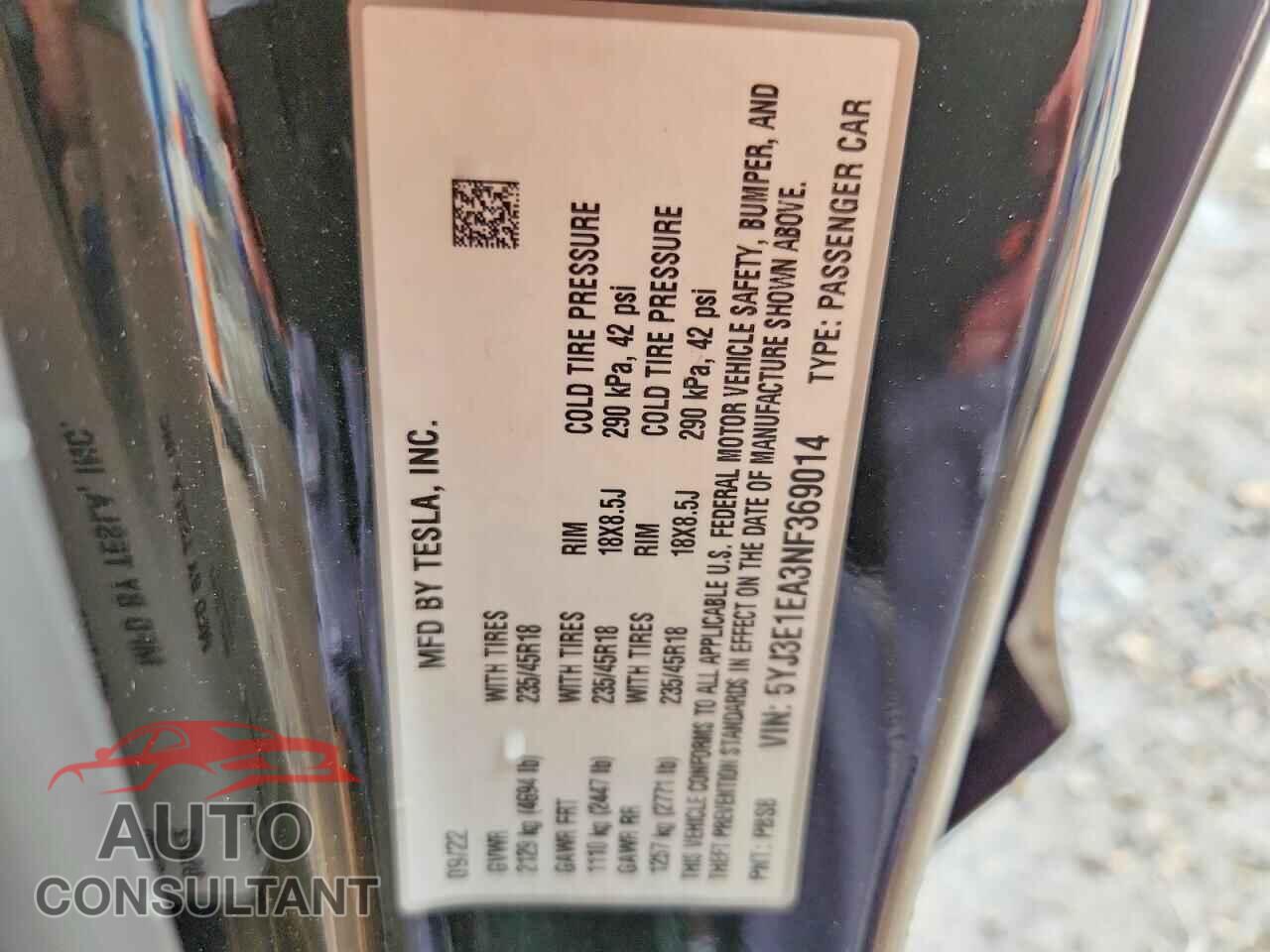 TESLA MODEL 3 2022 - 5YJ3E1EA3NF369014