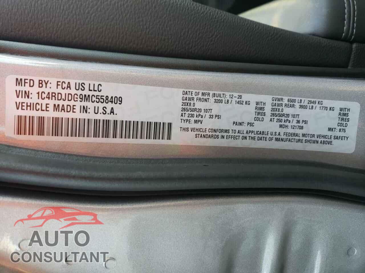 DODGE DURANGO 2021 - 1C4RDJDG9MC558409