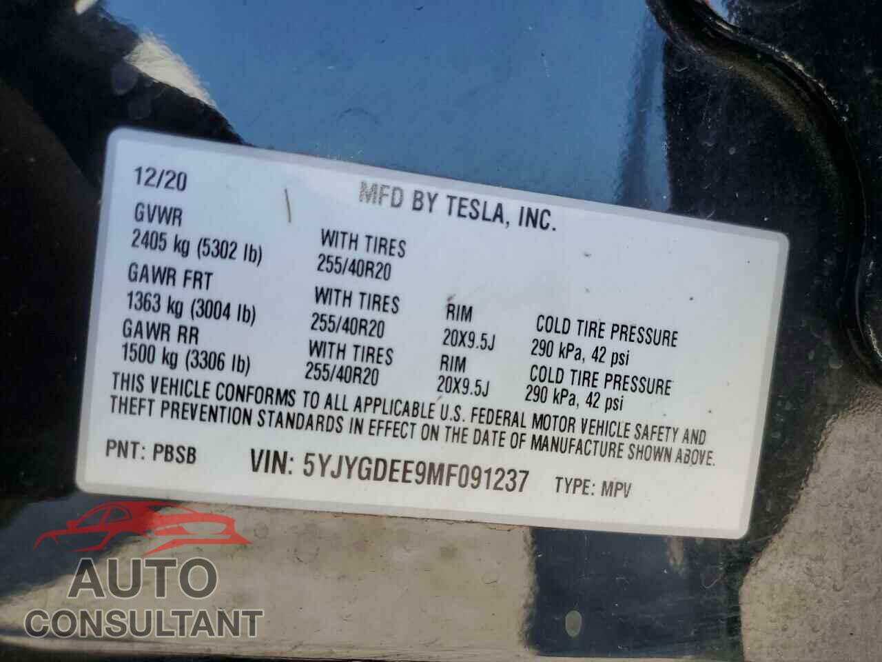 TESLA MODEL Y 2021 - 5YJYGDEE9MF091237