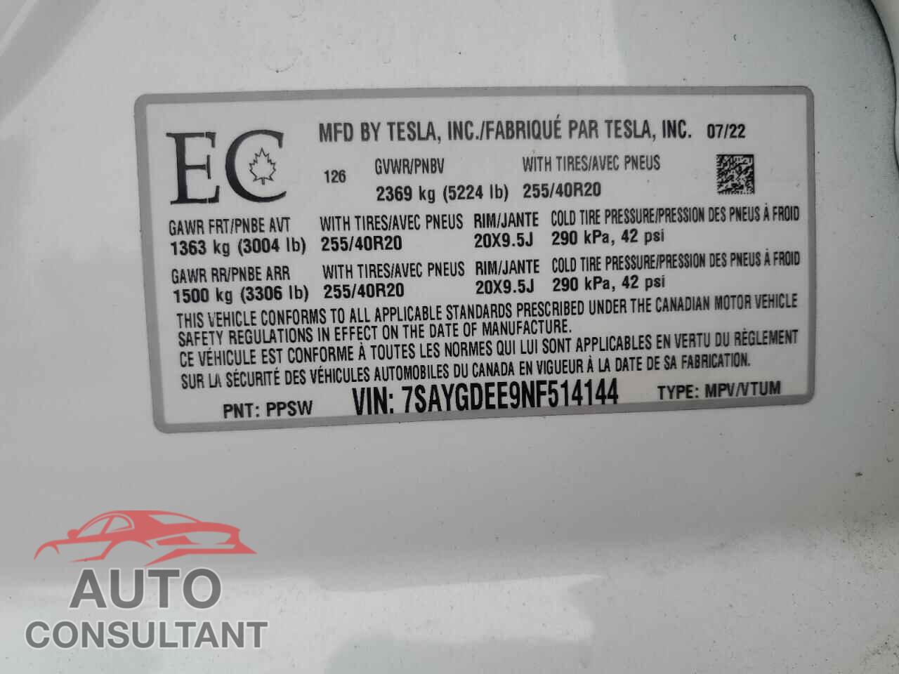 TESLA MODEL Y 2022 - 7SAYGDEE9NF514144