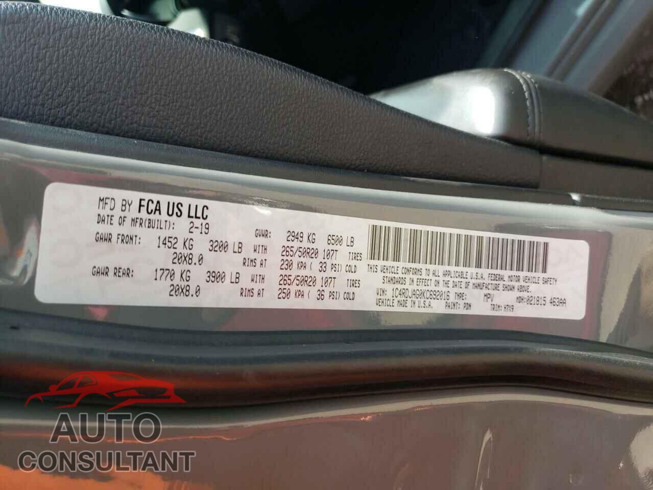 DODGE DURANGO 2019 - 1C4RDJAG0KC692016