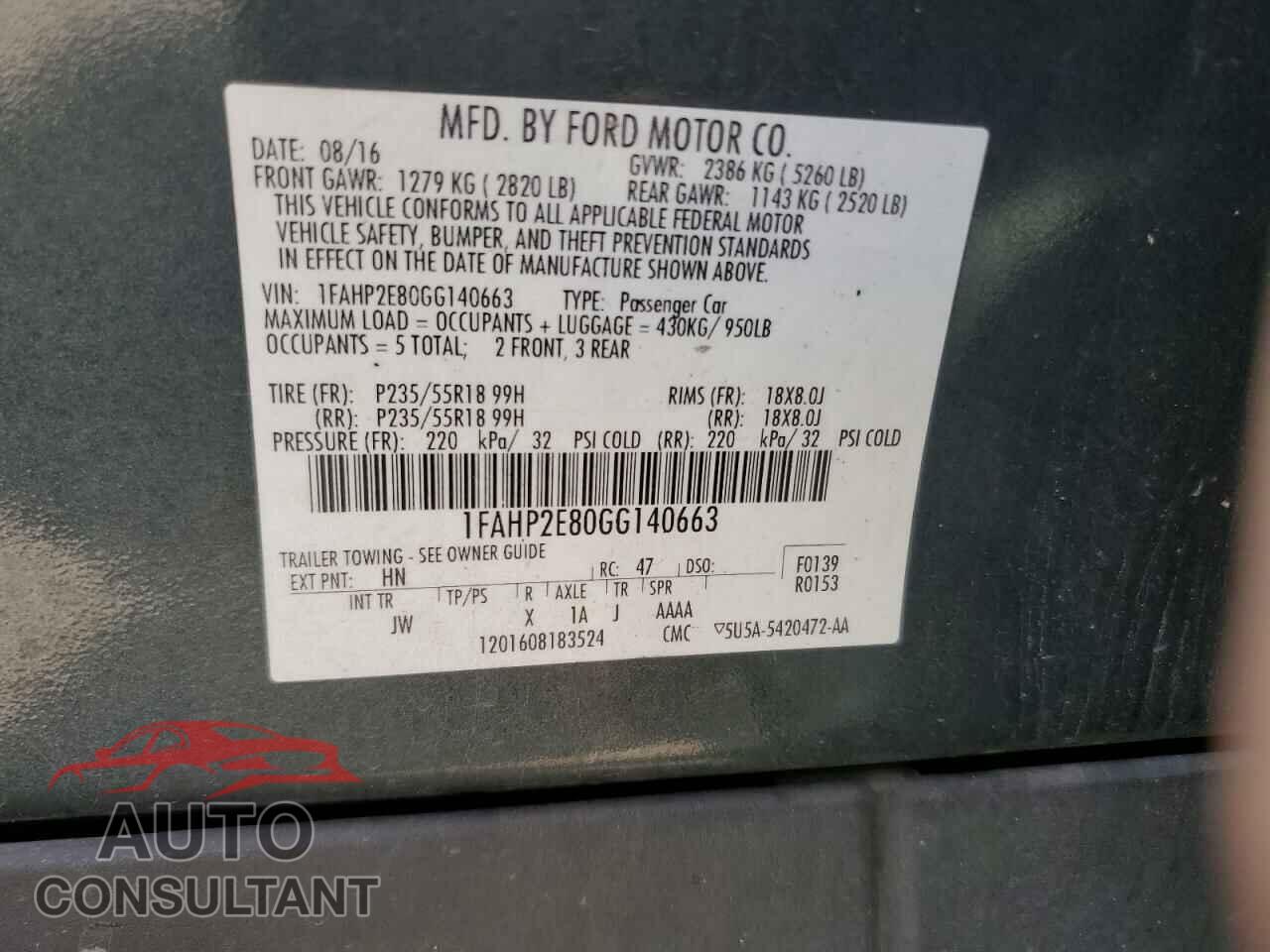 FORD TAURUS 2016 - 1FAHP2E80GG140663