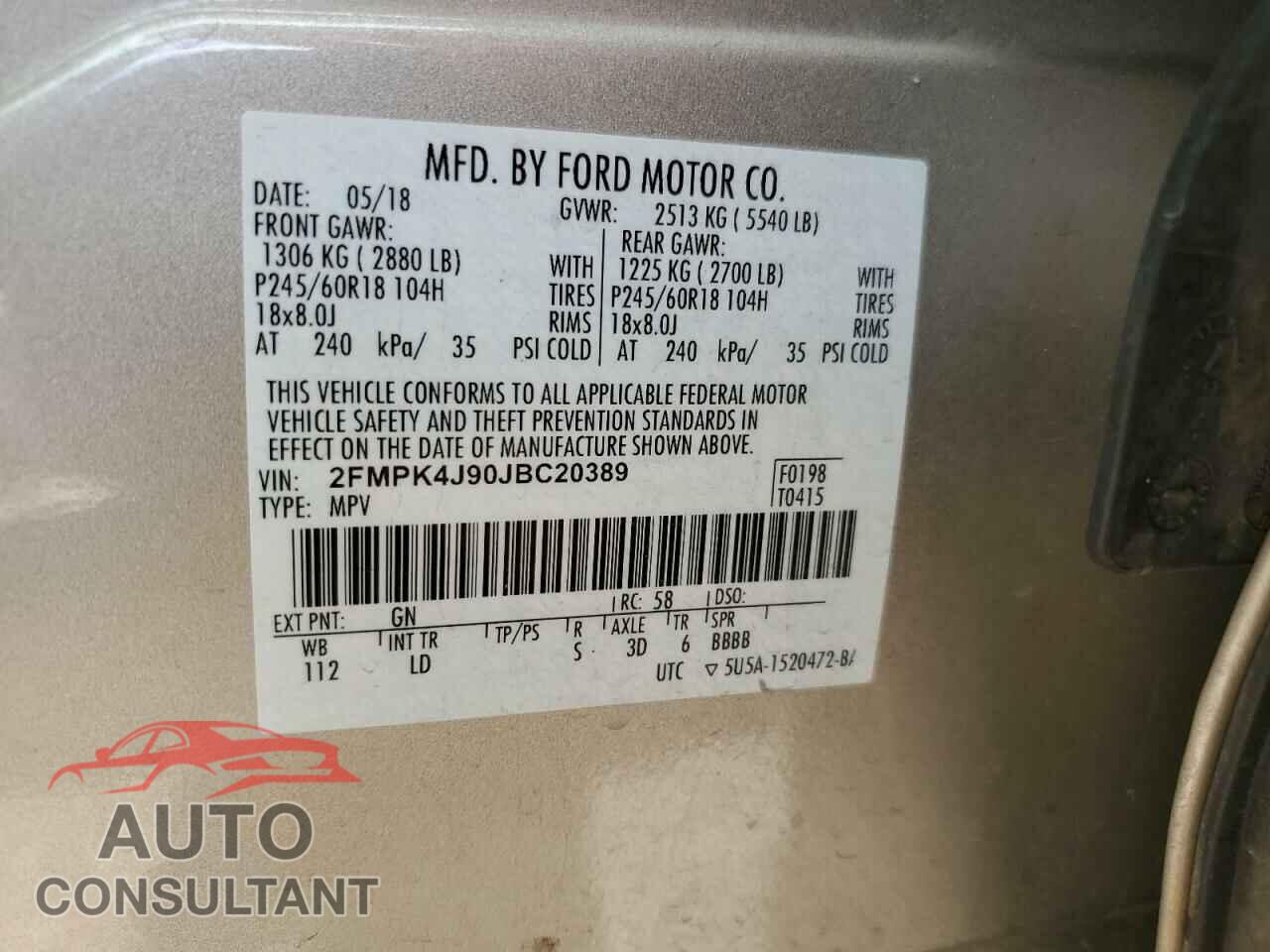 FORD EDGE 2018 - 2FMPK4J90JBC20389