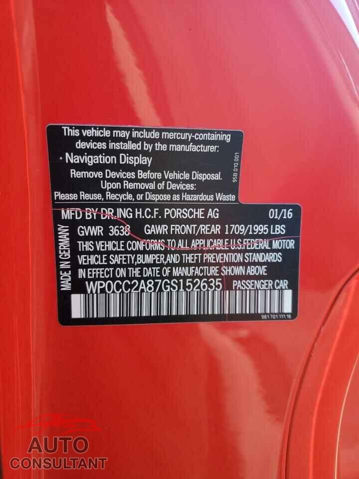 PORSCHE BOXSTER 2016 - WP0CC2A87GS152635