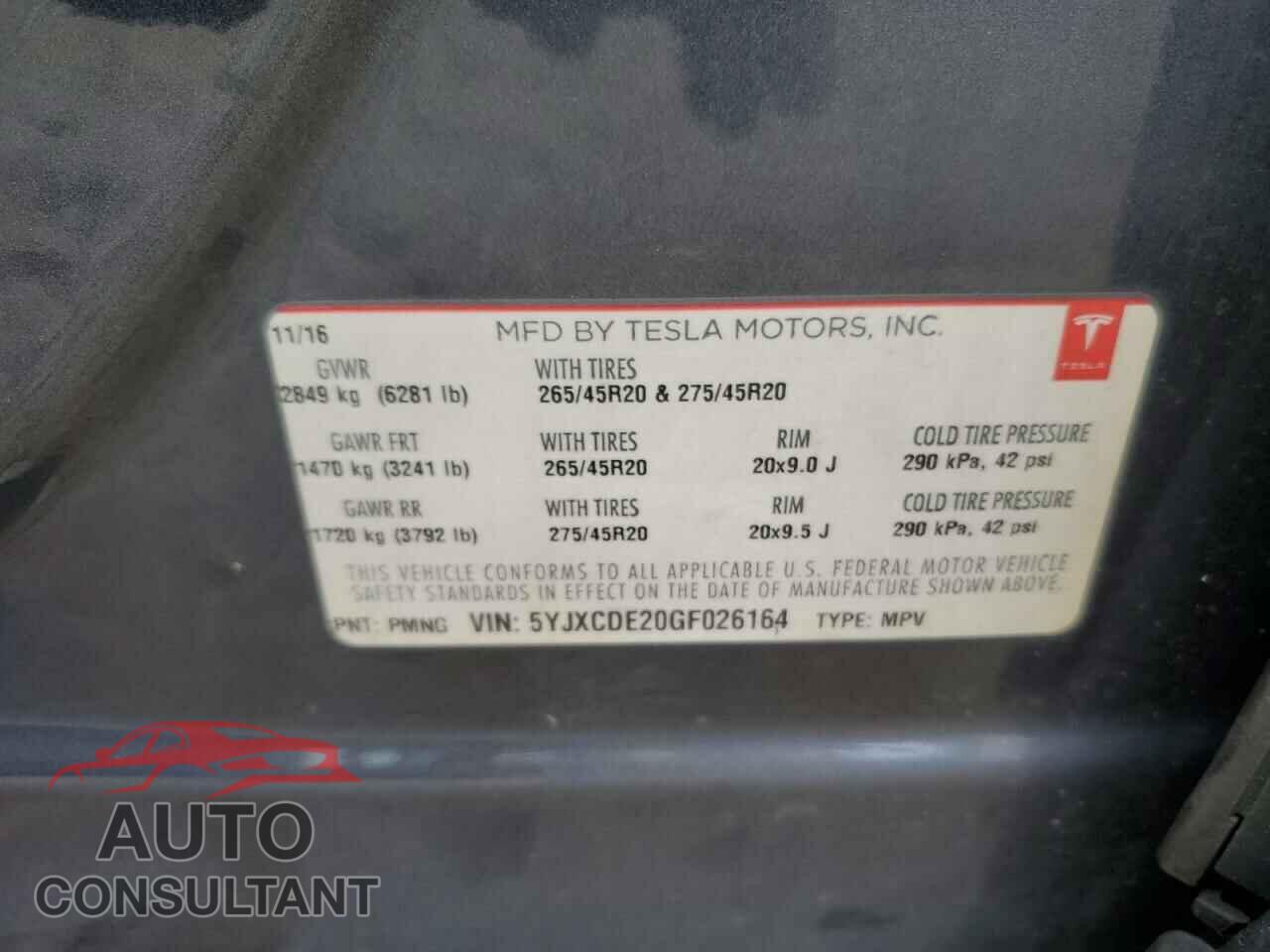 TESLA MODEL X 2016 - 5YJXCDE20GF026164