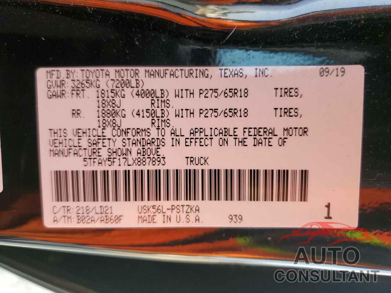 TOYOTA TUNDRA 2020 - 5TFAY5F17LX887893
