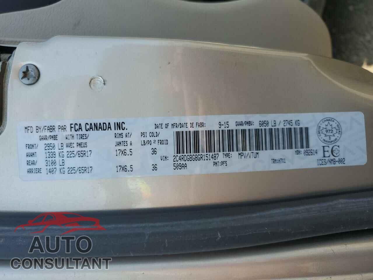 DODGE CARAVAN 2016 - 2C4RDGBG8GR151487