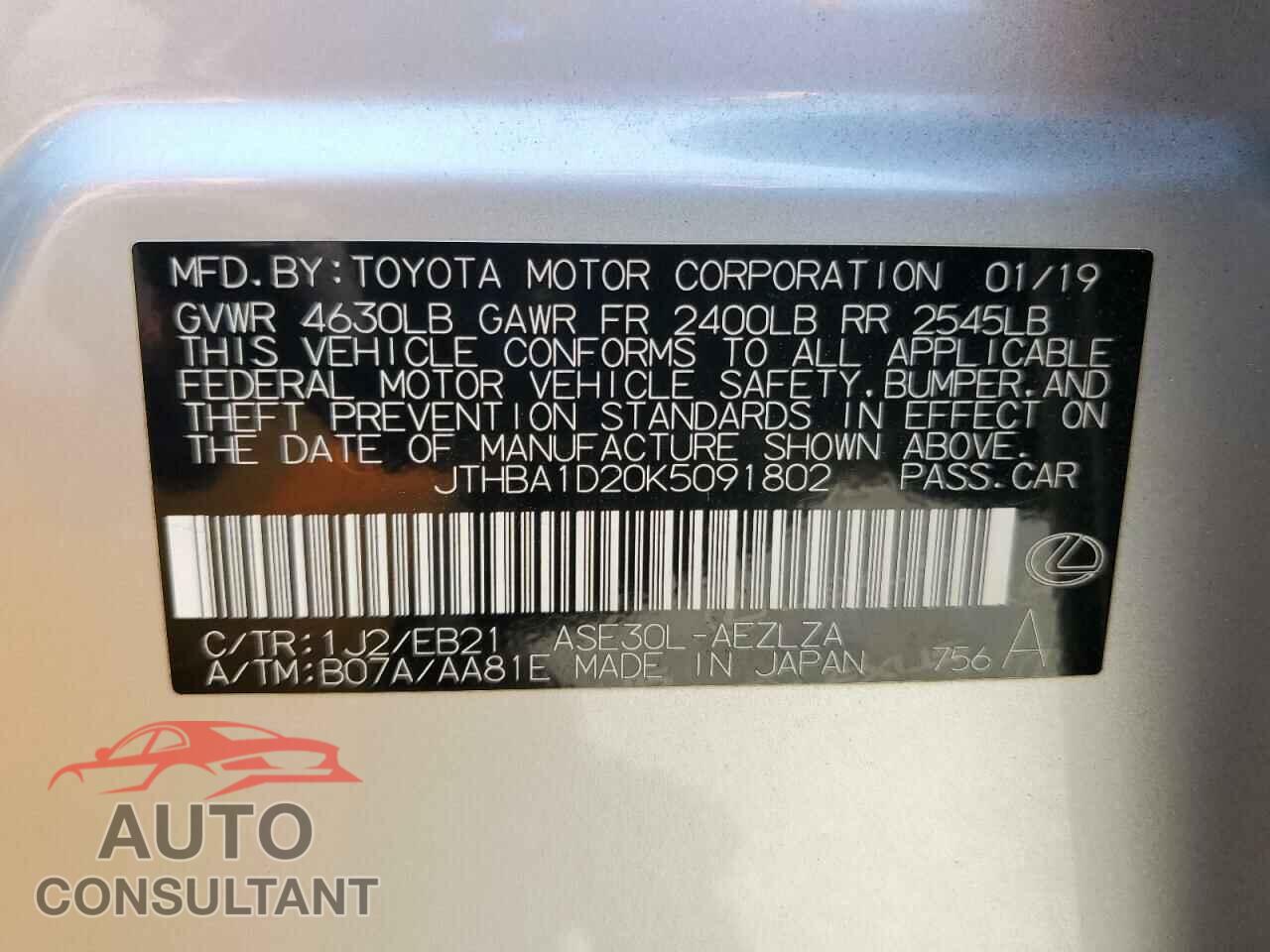 LEXUS IS 2019 - JTHBA1D20K5091802