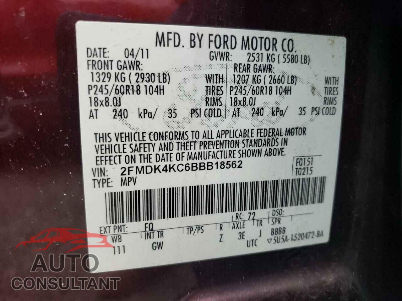 FORD EDGE 2011 - 2FMDK4KC6BBB18562