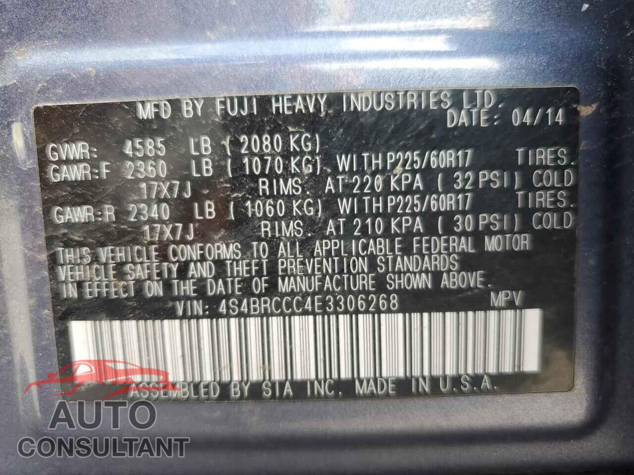 SUBARU OUTBACK 2014 - 4S4BRCCC4E3306268