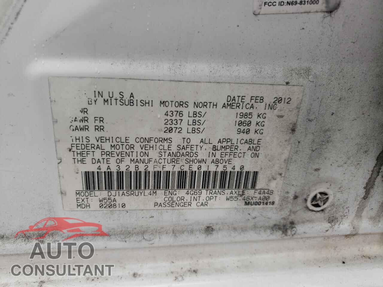 MITSUBISHI GALANT 2012 - 4A32B2FF7CE017540