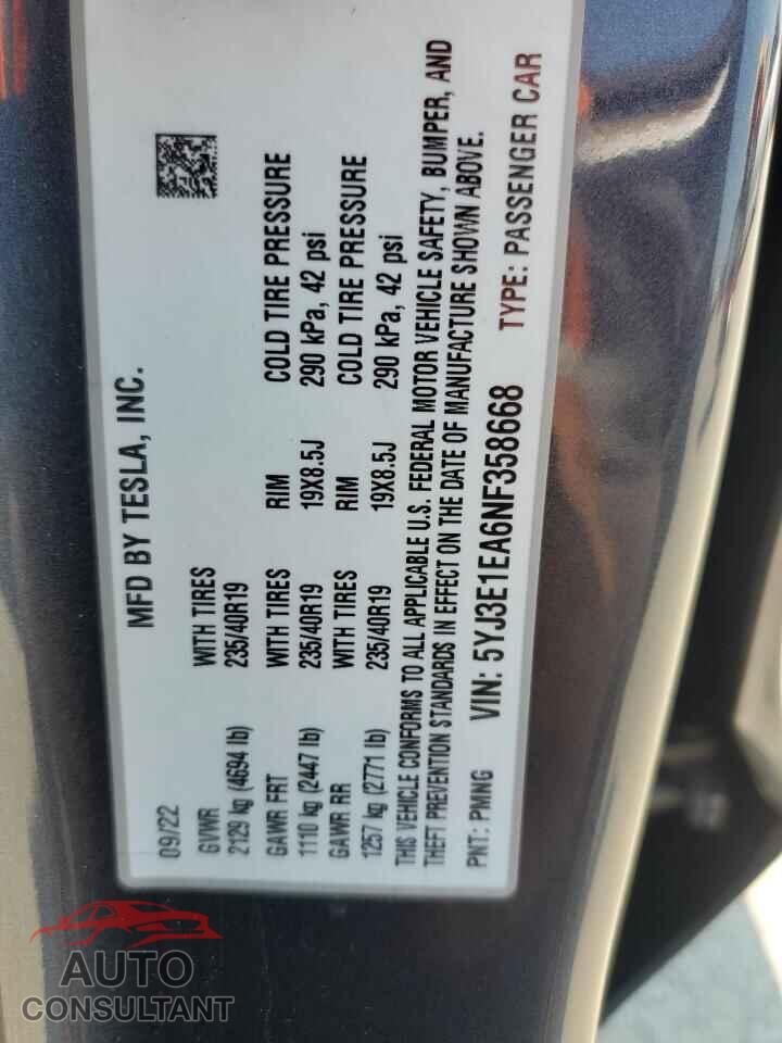 TESLA MODEL 3 2022 - 5YJ3E1EA6NF358668