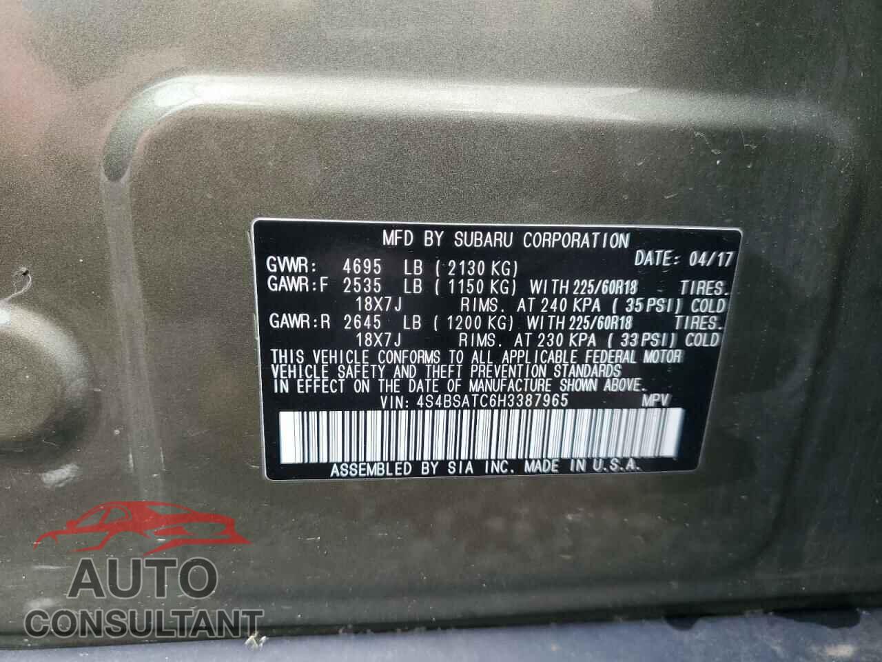 SUBARU OUTBACK 2017 - 4S4BSATC6H3387965