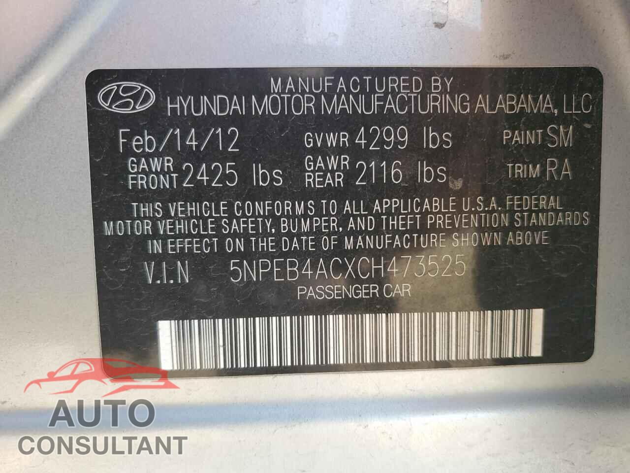 HYUNDAI SONATA 2012 - 5NPEB4ACXCH473525