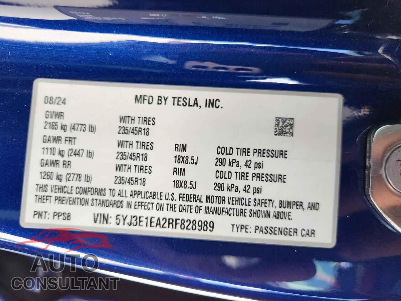 TESLA MODEL 3 2024 - 5YJ3E1EA2RF828989