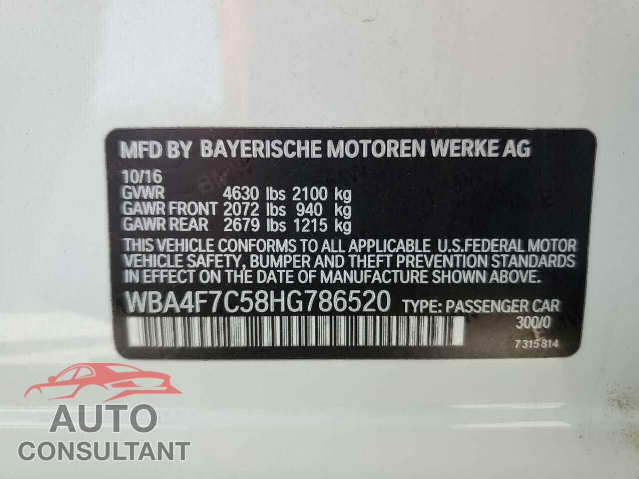 BMW 4 SERIES 2017 - WBA4F7C58HG786520