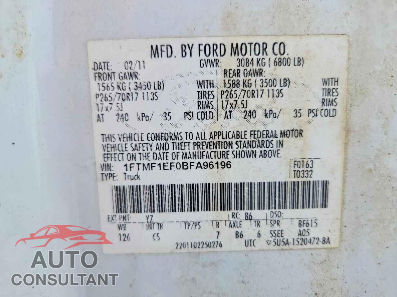 FORD F150 2011 - 1FTMF1EF0BFA96196