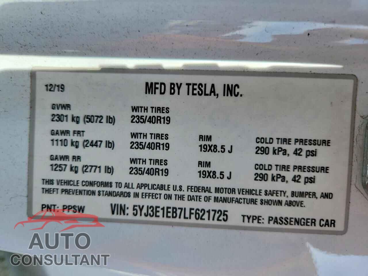TESLA MODEL 3 2020 - 5YJ3E1EB7LF621725