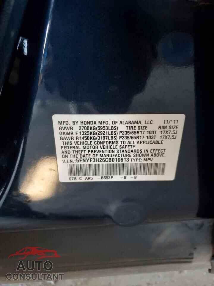 HONDA PILOT 2012 - 5FNYF3H26CB010613
