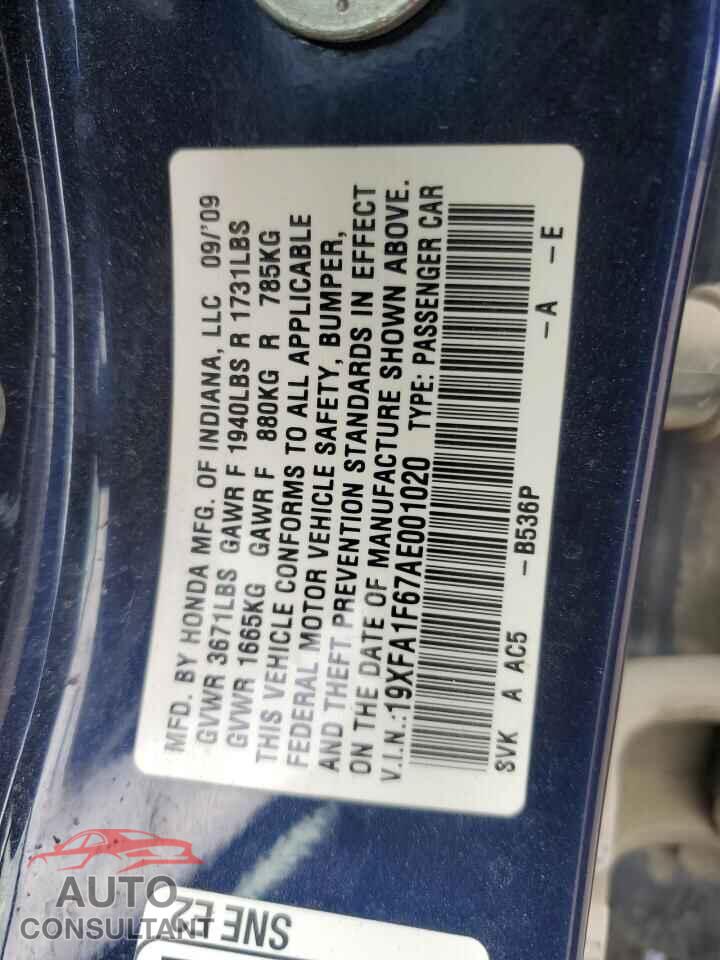 HONDA CIVIC 2010 - 19XFA1F67AE001020