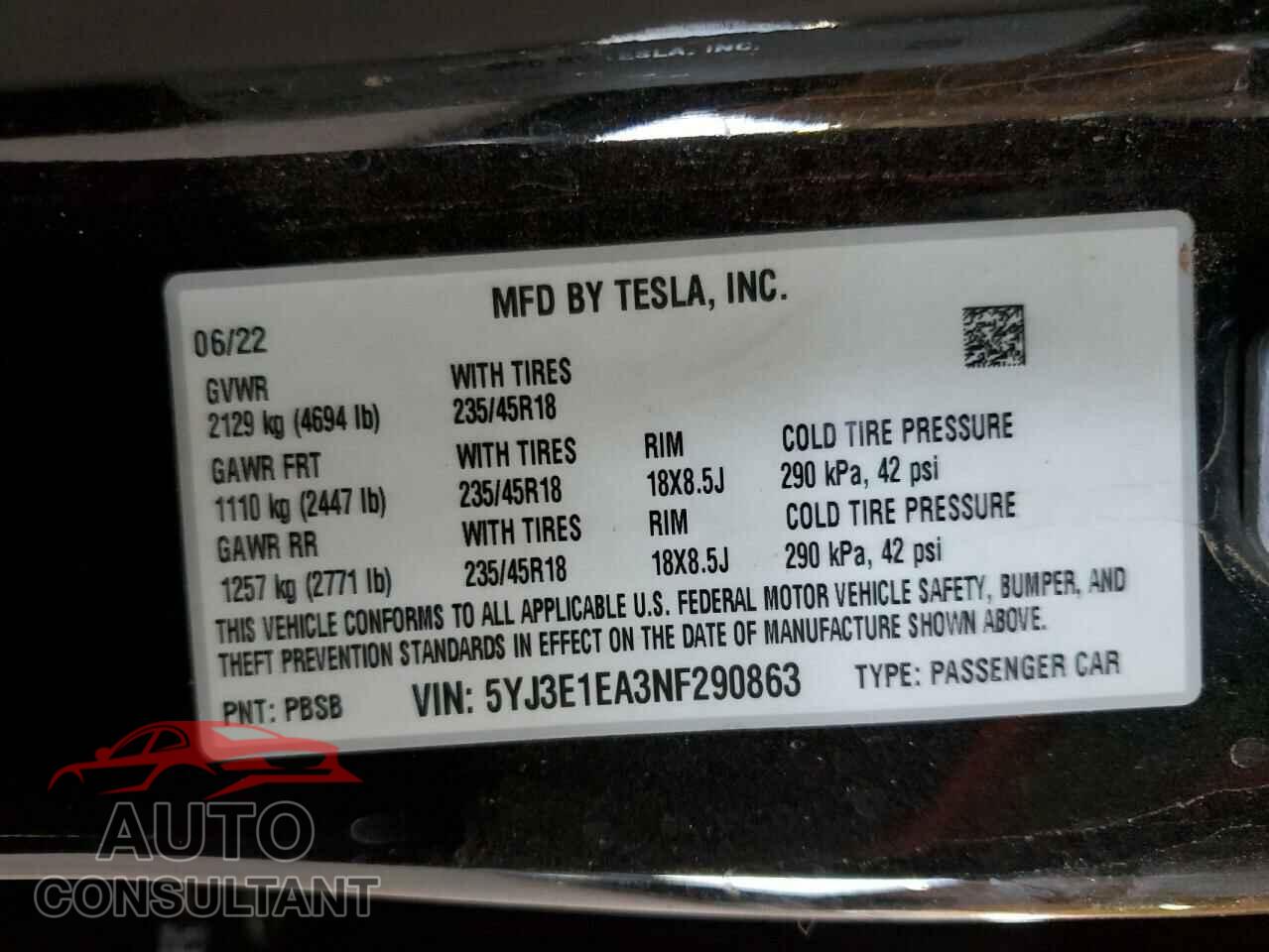 TESLA MODEL 3 2022 - 5YJ3E1EA3NF290863