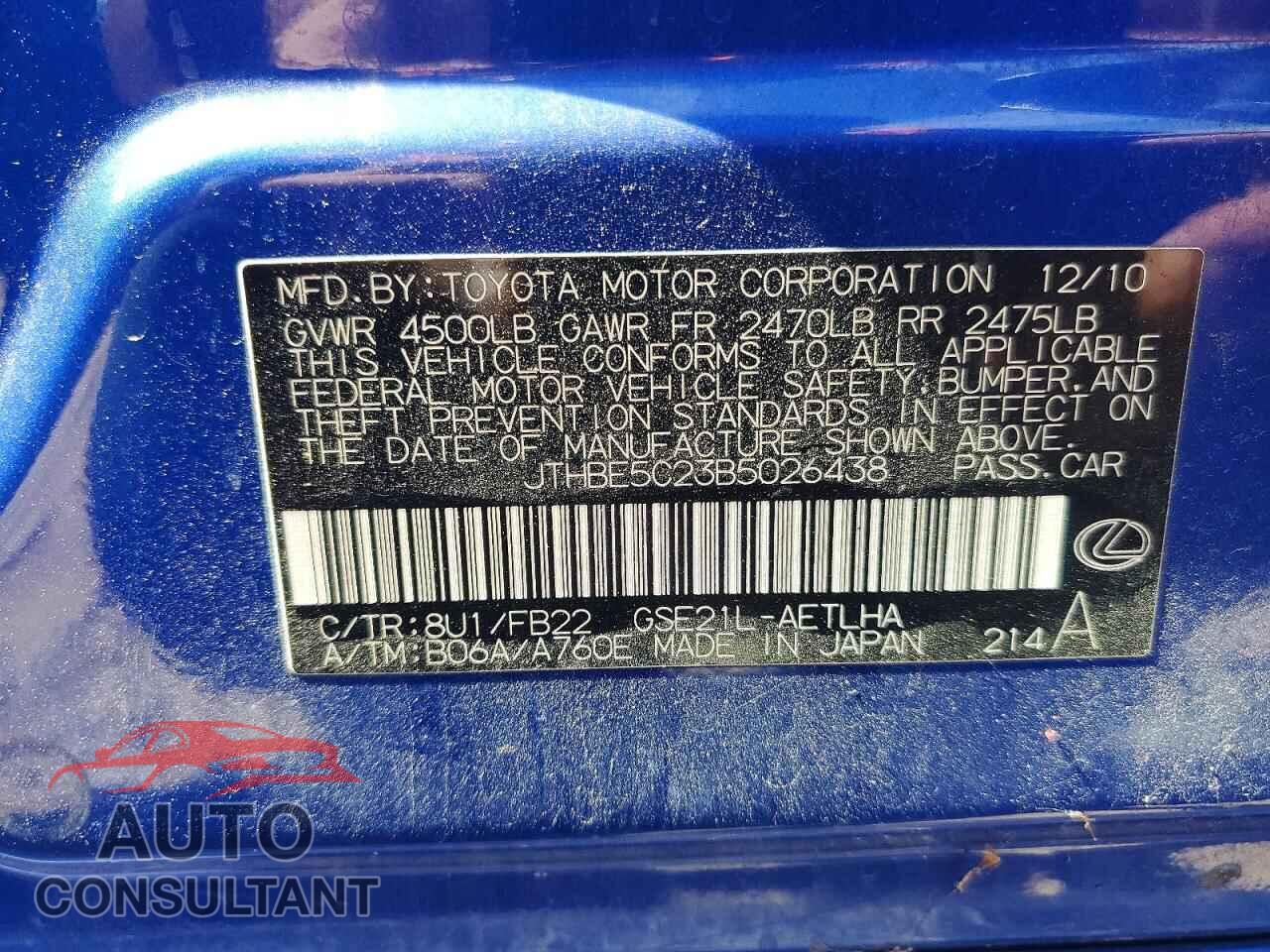 LEXUS IS 2011 - JTHBE5C23B5026438