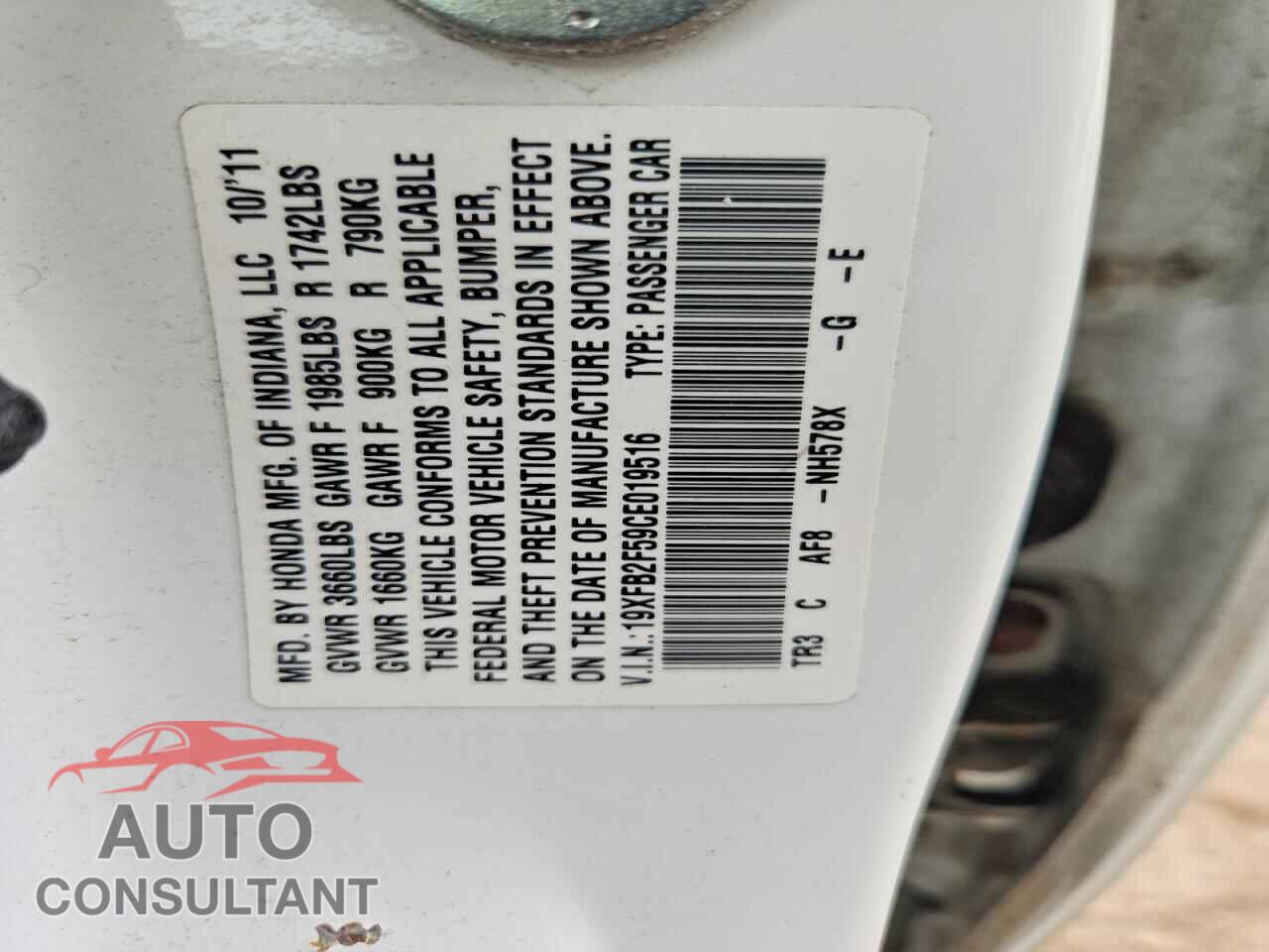 HONDA CIVIC 2012 - 19XFB2F59CE019516