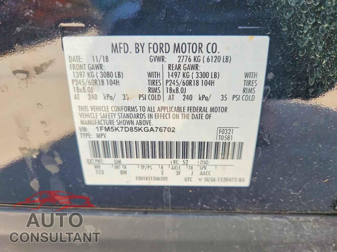 FORD EXPLORER 2019 - 1FM5K7D85KGA76702