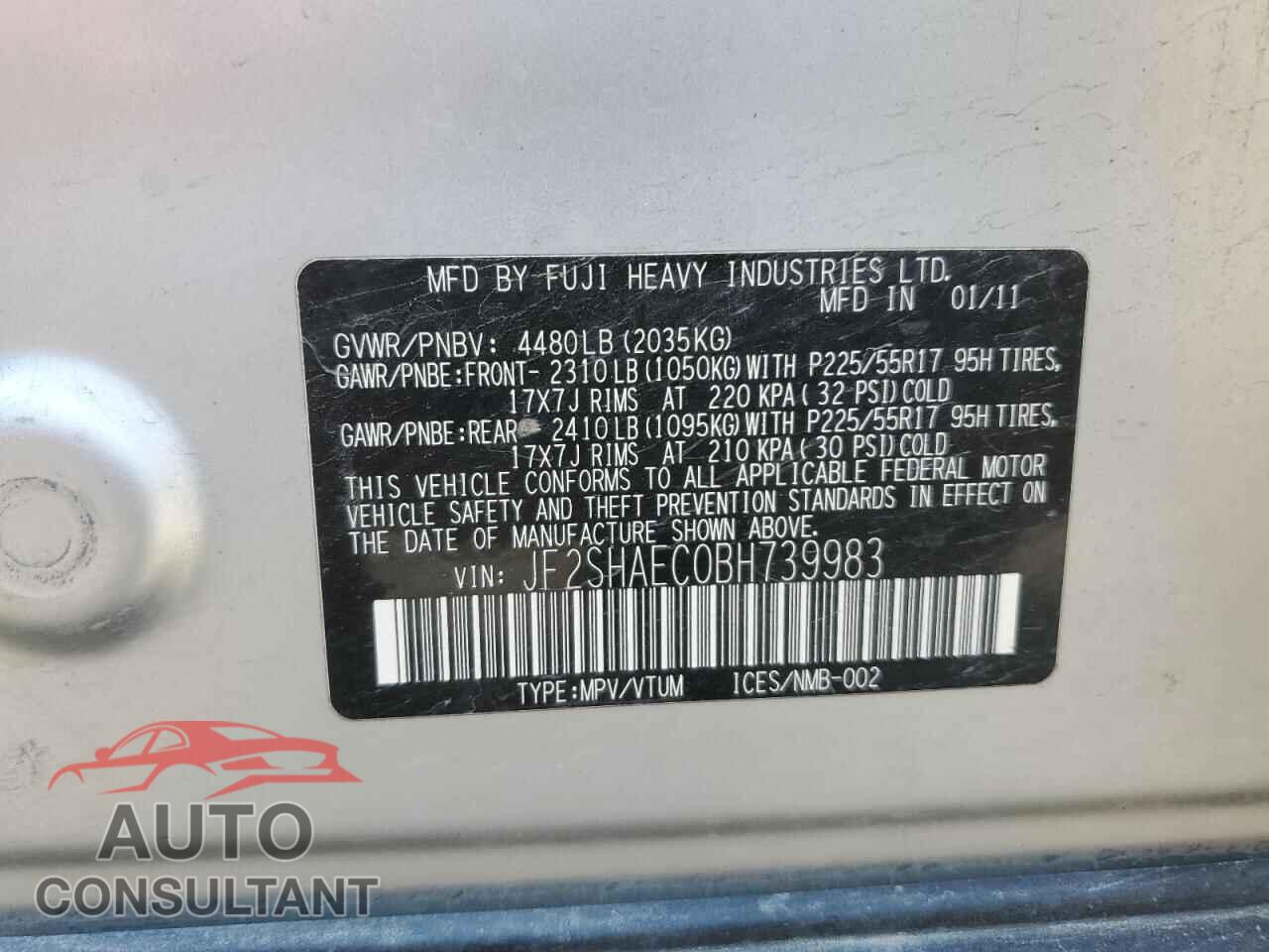 SUBARU FORESTER 2011 - JF2SHAEC0BH739983