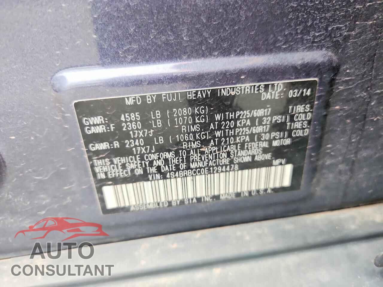 SUBARU OUTBACK 2014 - 4S4BRBCC0E1294478