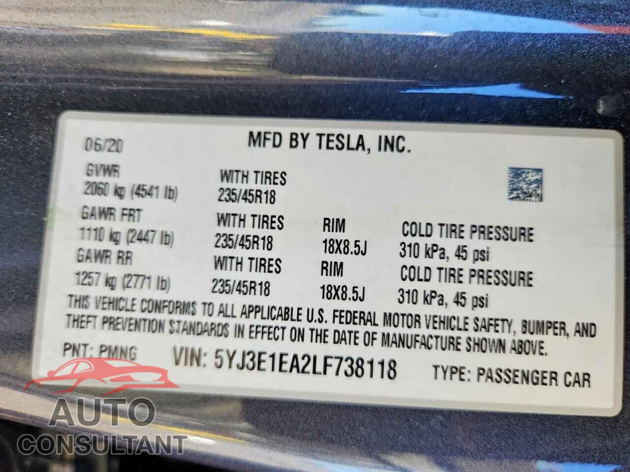 TESLA MODEL 3 2020 - 5YJ3E1EA2LF738118