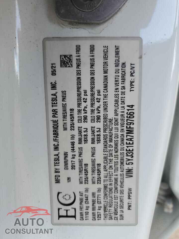 TESLA MODEL 3 2021 - 5YJ3E1EA7MF976614