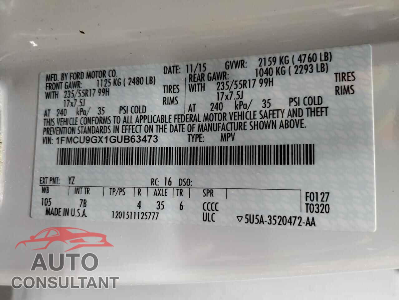 FORD ESCAPE 2016 - 1FMCU9GX1GUB63473