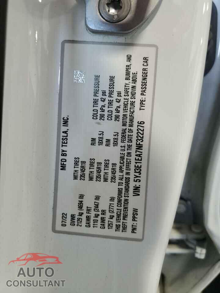 TESLA MODEL 3 2022 - 5YJ3E1EA7NF322276