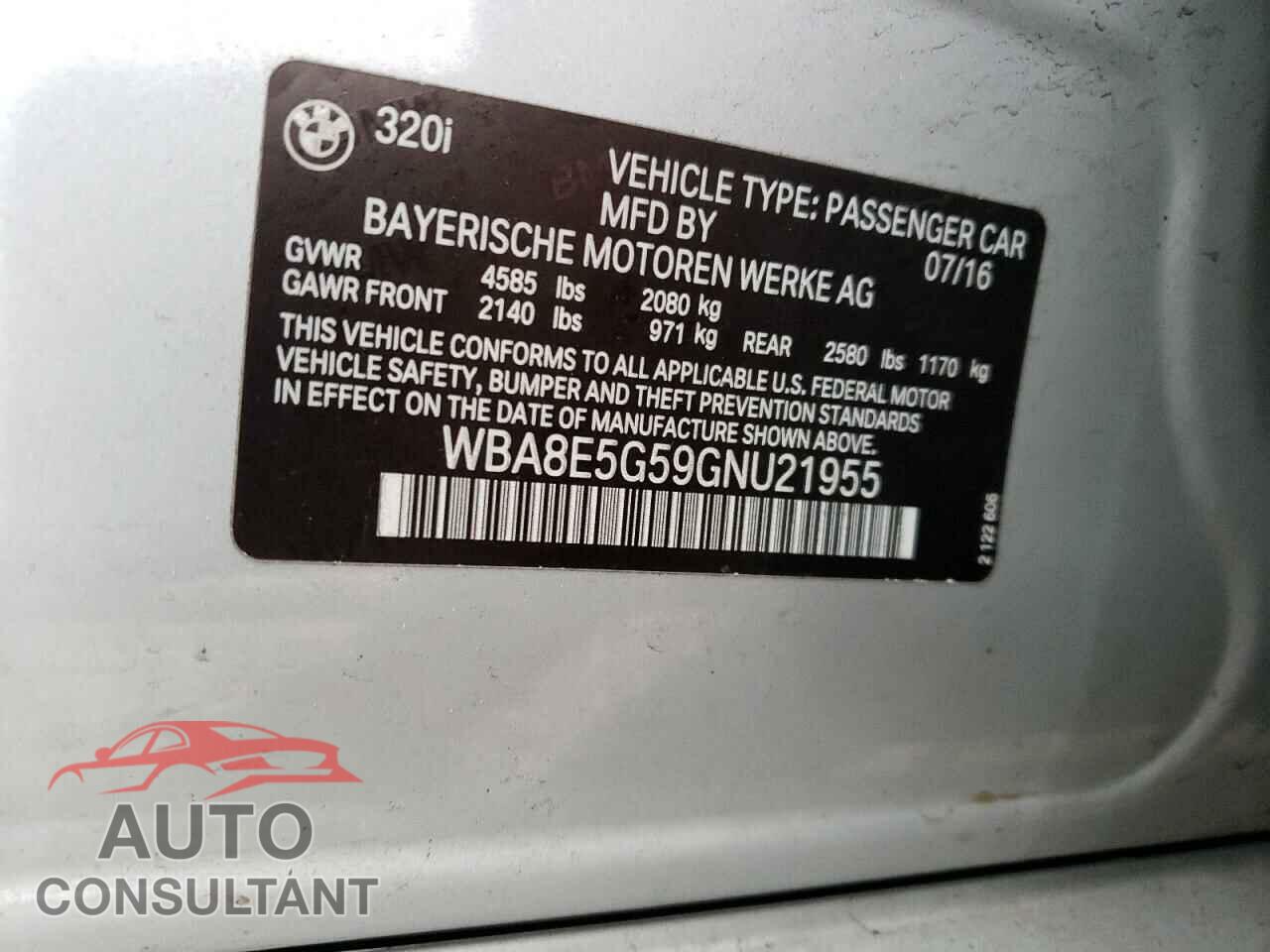 BMW 3 SERIES 2016 - WBA8E5G59GNU21955