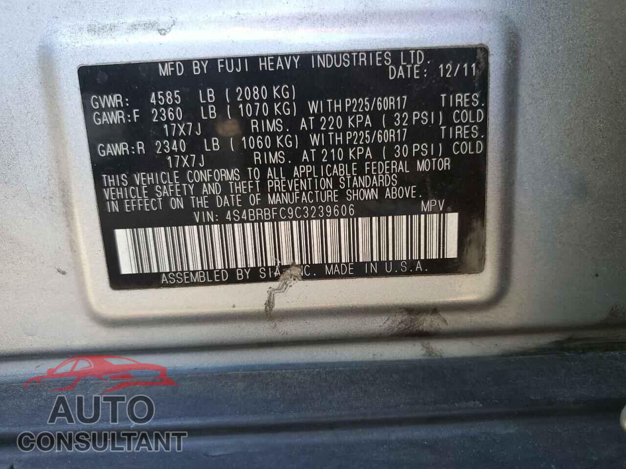 SUBARU OUTBACK 2012 - 4S4BRBFC9C3239606