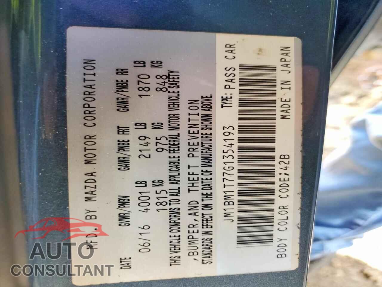 MAZDA 3 2016 - JM1BM1T77G1354193