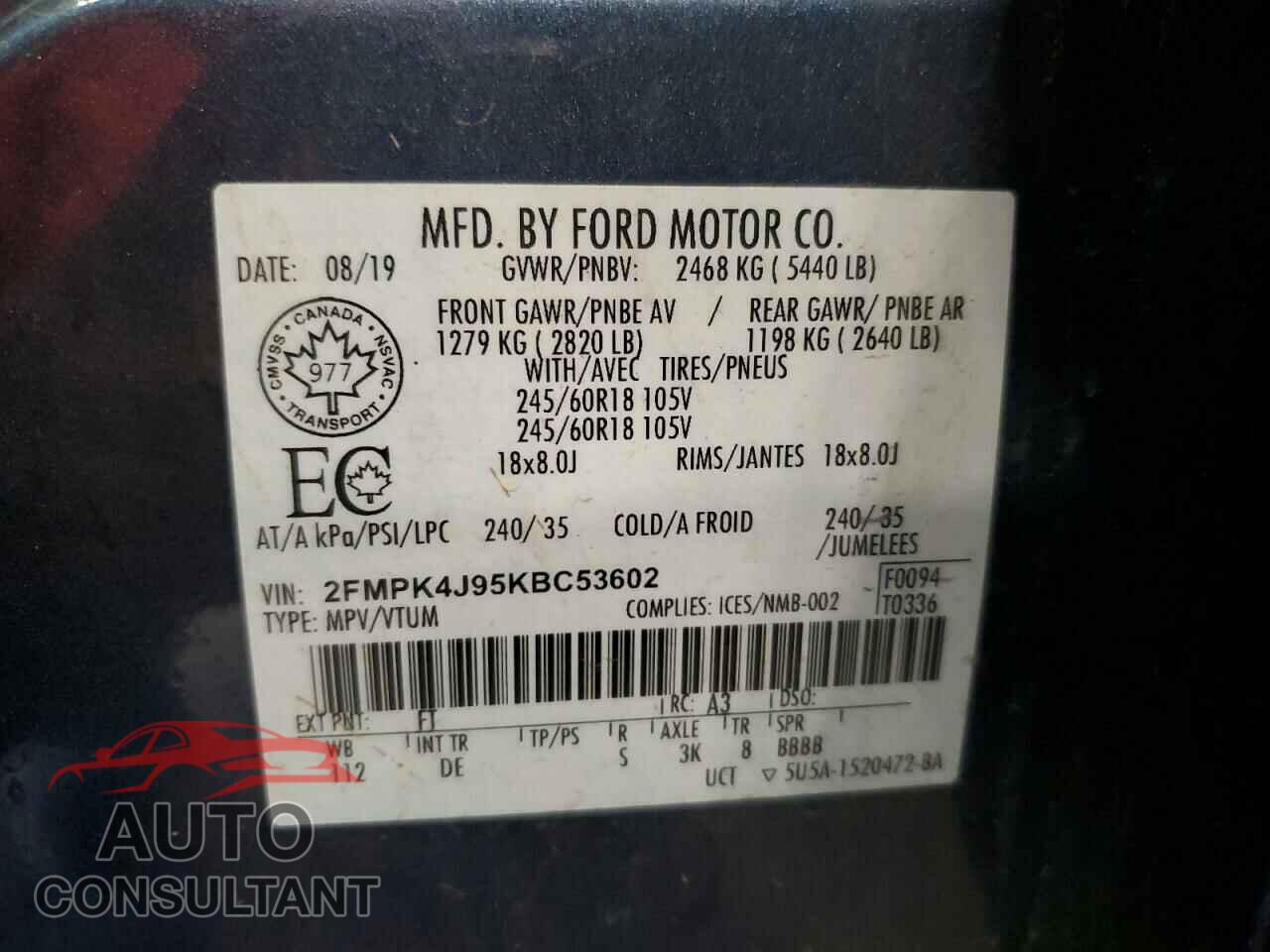 FORD EDGE 2019 - 2FMPK4J95KBC53602