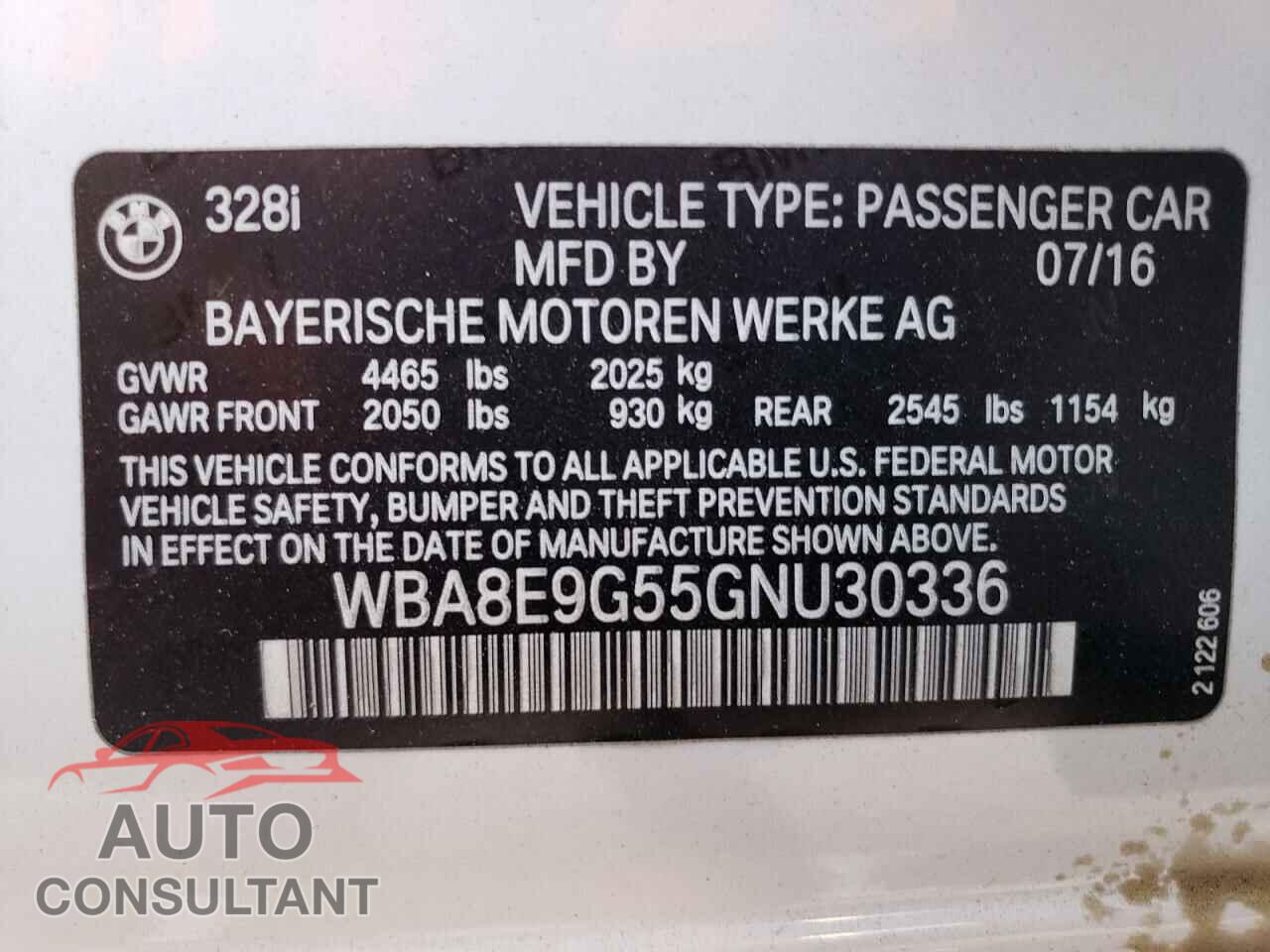 BMW 3 SERIES 2016 - WBA8E9G55GNU30336