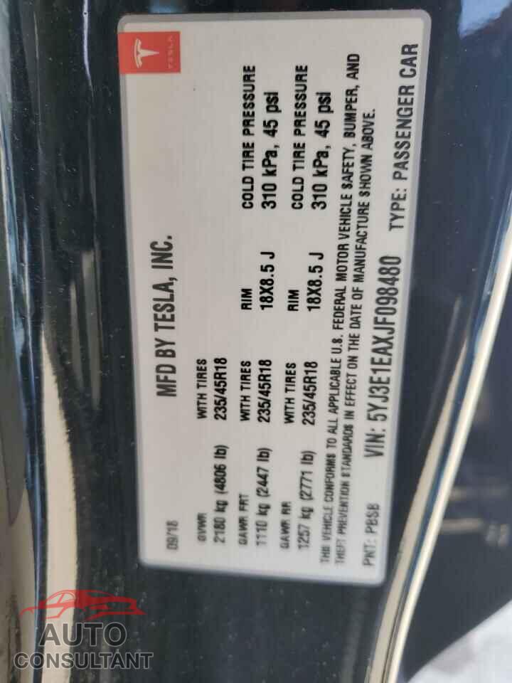 TESLA MODEL 3 2018 - 5YJ3E1EAXJF098480