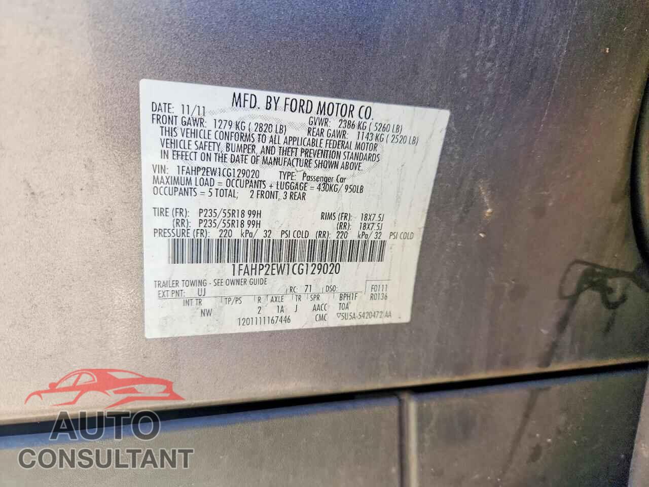 FORD TAURUS 2012 - 1FAHP2EW1CG129020