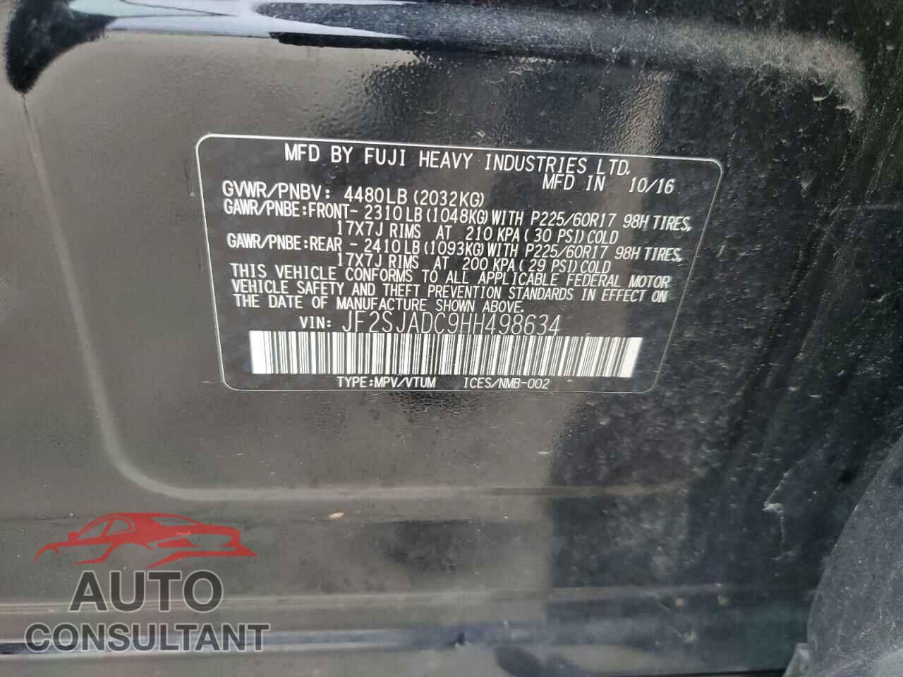 SUBARU FORESTER 2017 - JF2SJADC9HH498634