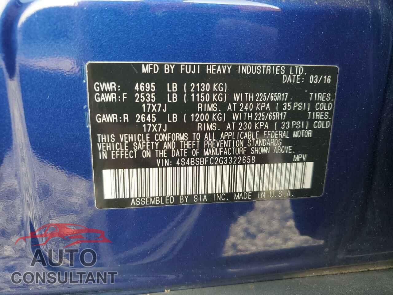 SUBARU OUTBACK 2016 - 4S4BSBFC2G3322658