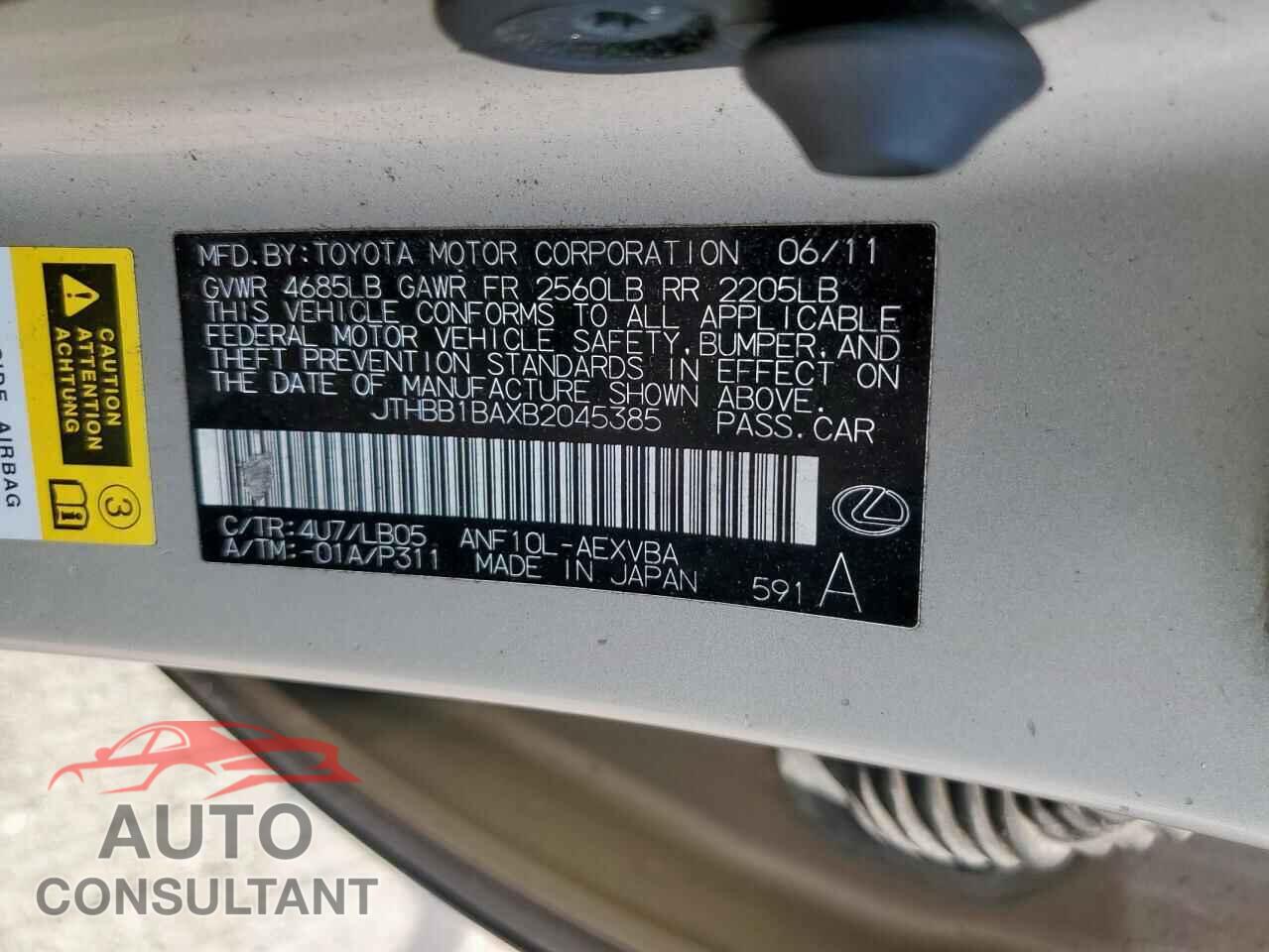 LEXUS HS 2011 - JTHBB1BAXB2045385