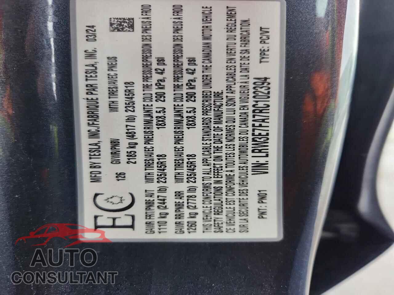TESLA MODEL 3 2024 - LRW3E7FA7RC102394